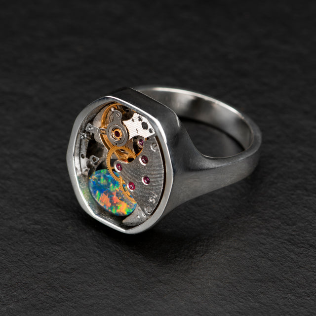 round vintage ring with australian opal