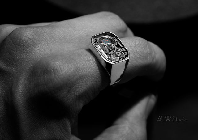 vintage rectangle ring with australian opal on a finger